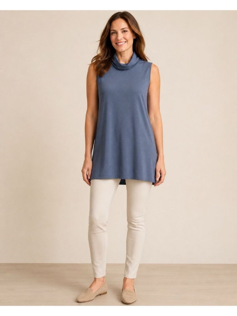 Garnet Hill XL Blue Sleeveless Tunic Top Cowl Neck Longline Tank Classic Relaxed